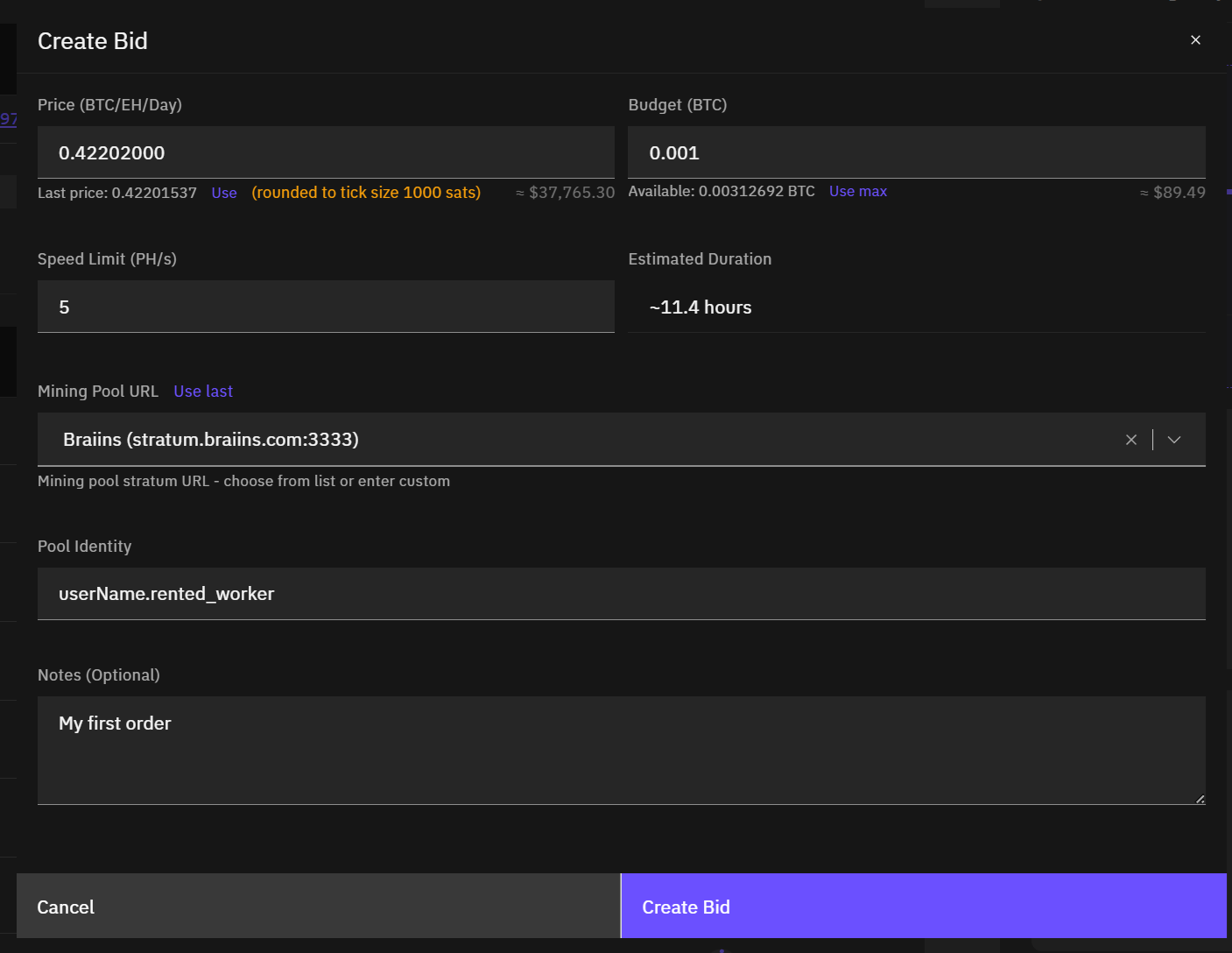 Create Bid form